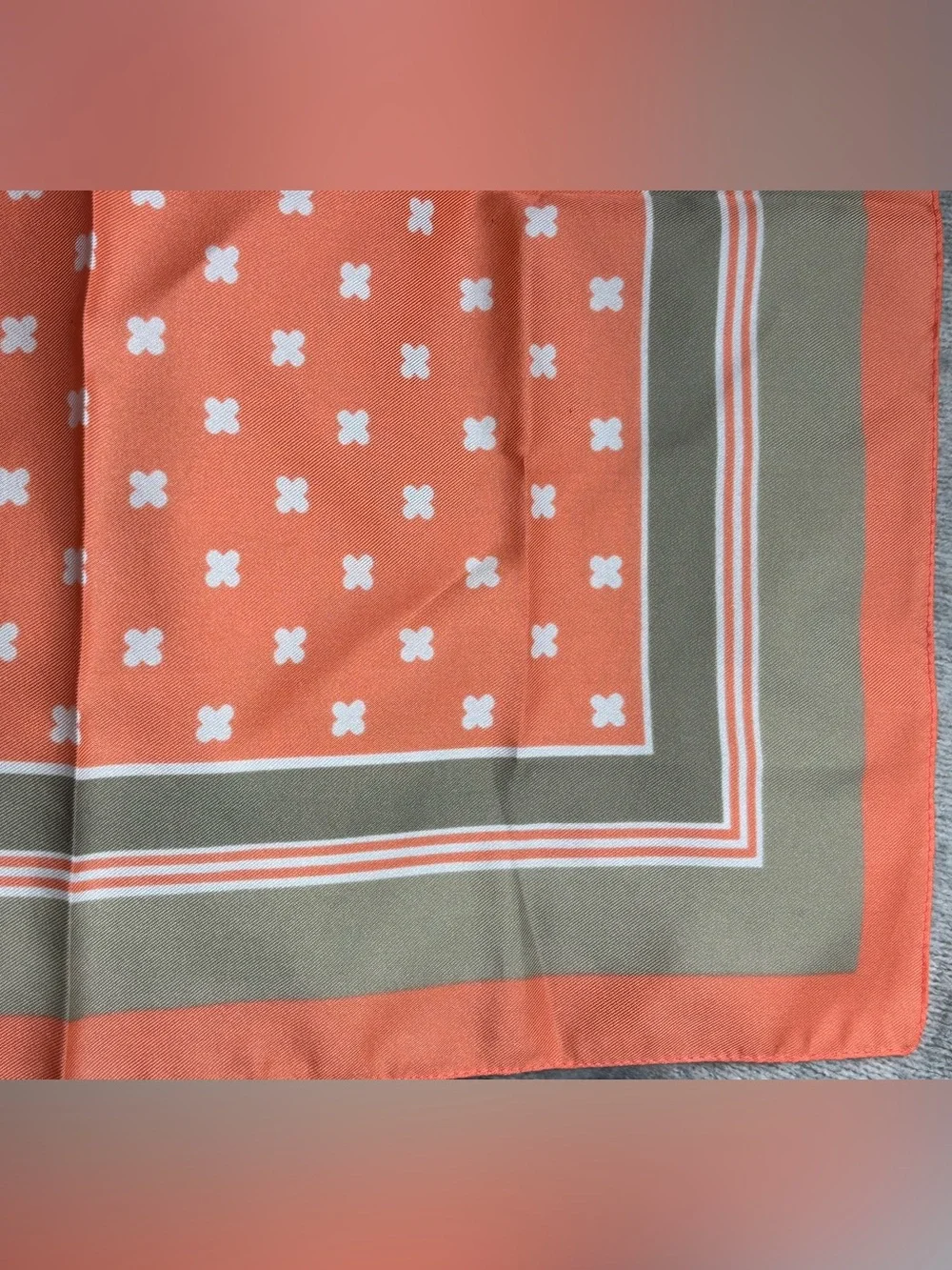 VINTAGE Orange & Tan Square Scarf, Italy, clover motif, est 70s, 80s, 90s